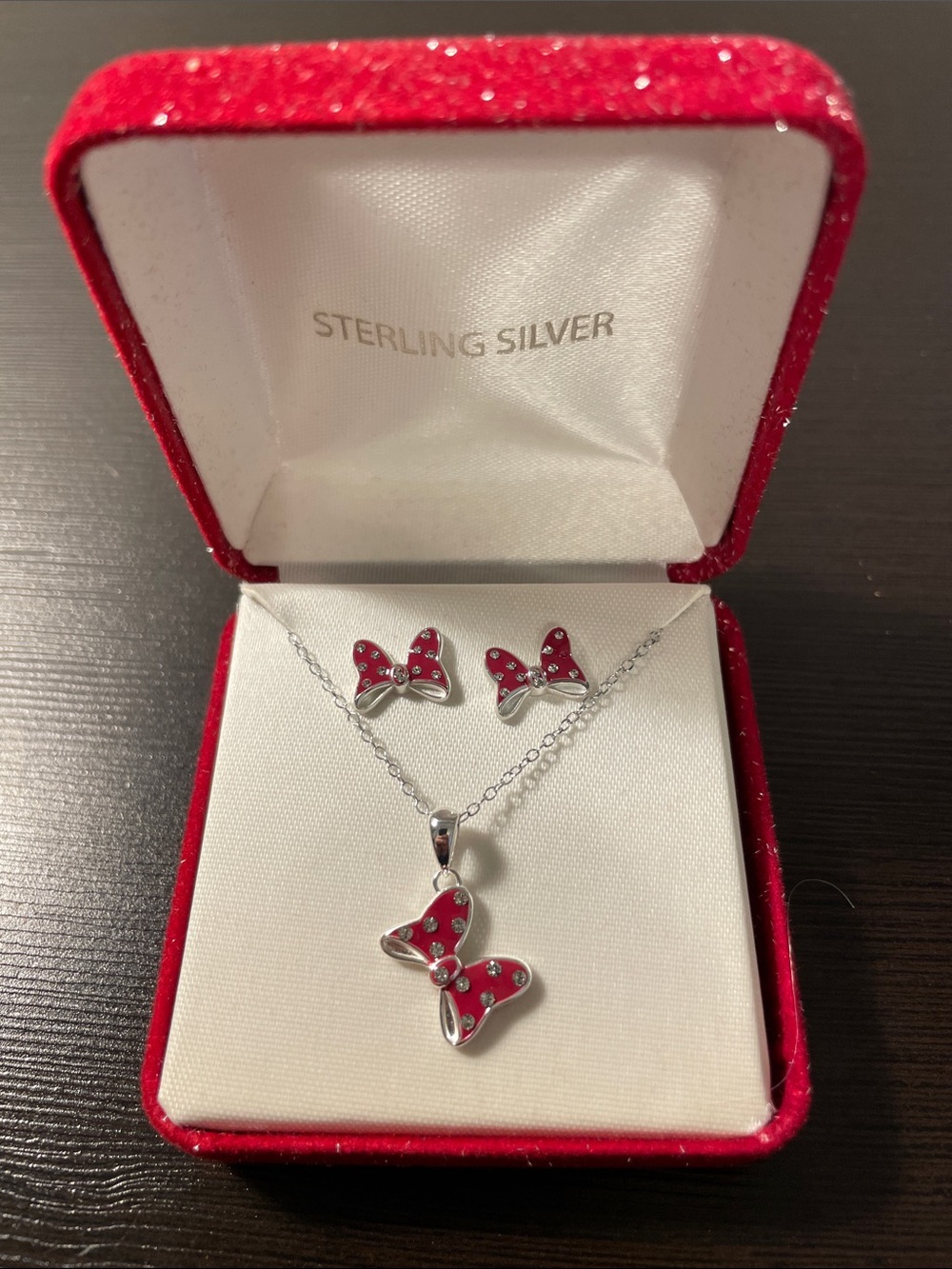 Disney Minnie Mouse Bow Sterling Silver Necklace and Stud Earrings - Red Enamel